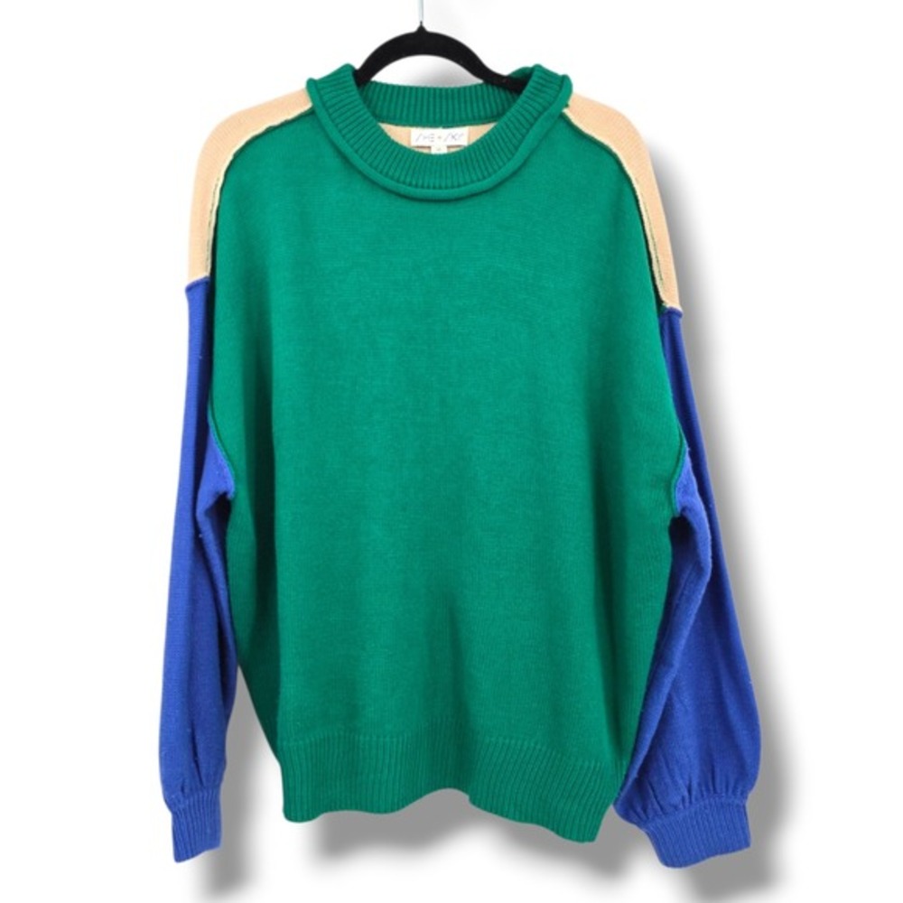 She + Sky Colorblock Knit Sweater Green Tan Blue Long Sleeve Crew Neck Size M